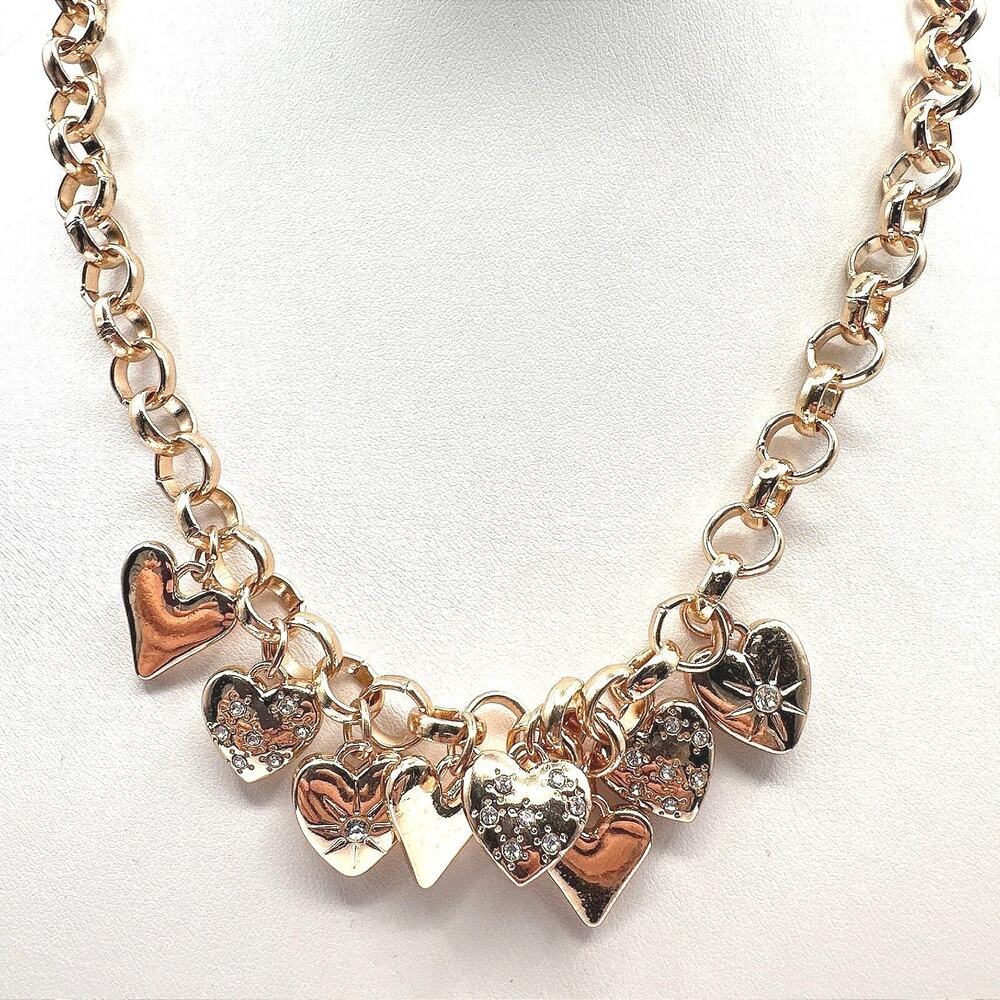 Vintage Y2K Gold Tone Multi Heart Charm Rhinestone Necklace Chunky Chain Jewelry
